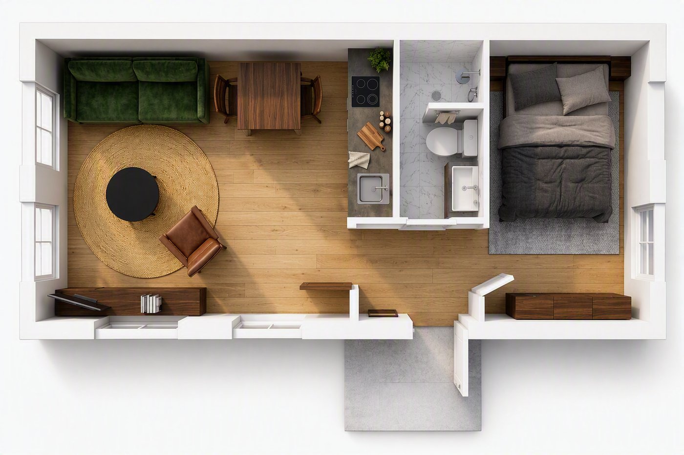 Fotorealistische plattegrond bovenaanzicht van het 35 m² gastenverblijf